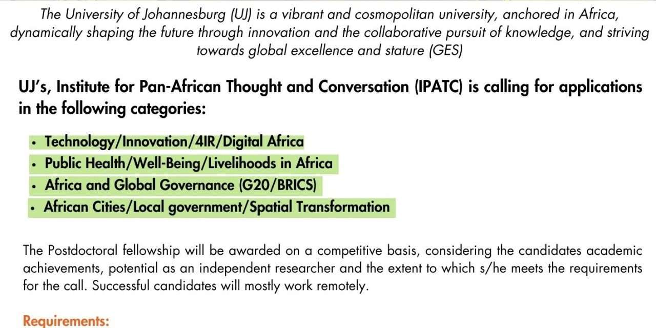 Call for Postdoctoral Fellowships at the Institute for Pan-African Thought and Conversation (IPATC)