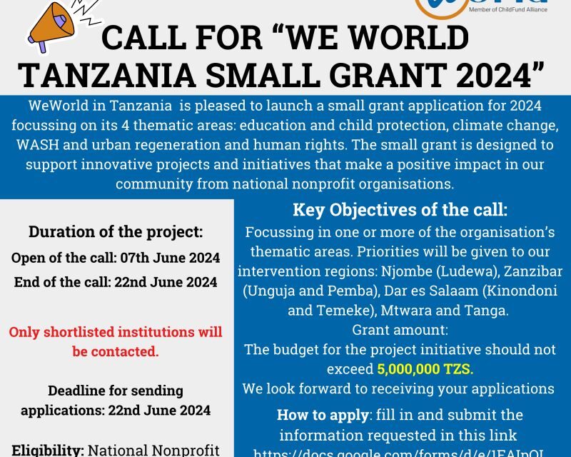 Call for “WeWorld Tanzania Small Grant 2024”
