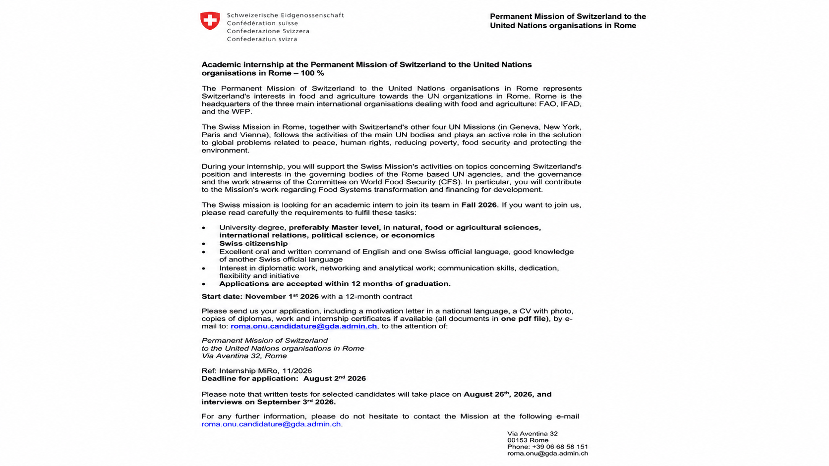 Swiss Mission to the UN in Rome, Fall 2026