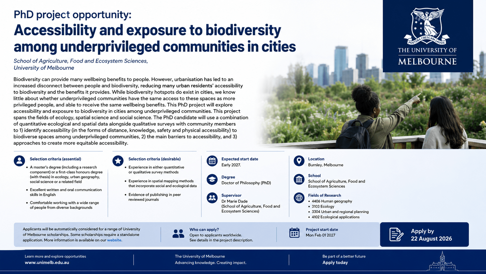 the University of Melbourne: Research Accessibility and Exposure to Biodiversity Among Underprivileged Communities in Cities
